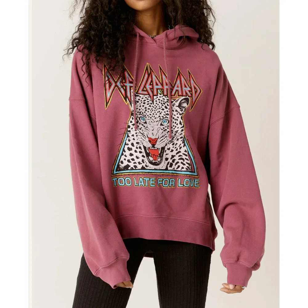Daydreamer Def Leppard Too Late For Love Oversized Hoodie Sweatershirt Pink XS